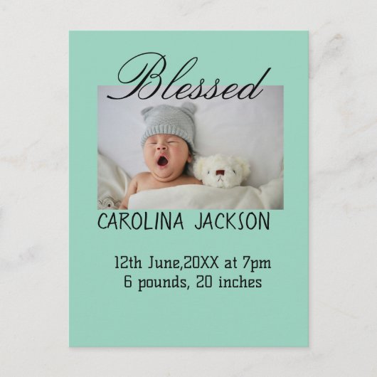 Gesegnetes neues geborenes Foto, moderne Geburtsan Postkarte (Vorderseite)
