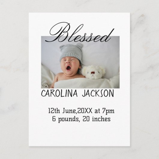 Gesegnetes neues geborenes Foto, moderne Geburtsan Postkarte (Vorderseite)