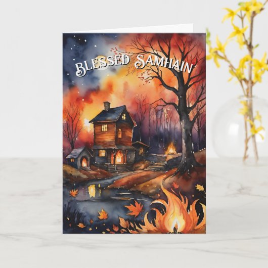 Gesegnetes Samhain Fall Fire Forest Blätter Sonnen Karte (Gelbe Blume)