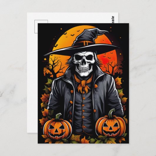 Geselliges Skelett, Spooky Halloween Postkarte (Vorne/Hinten)