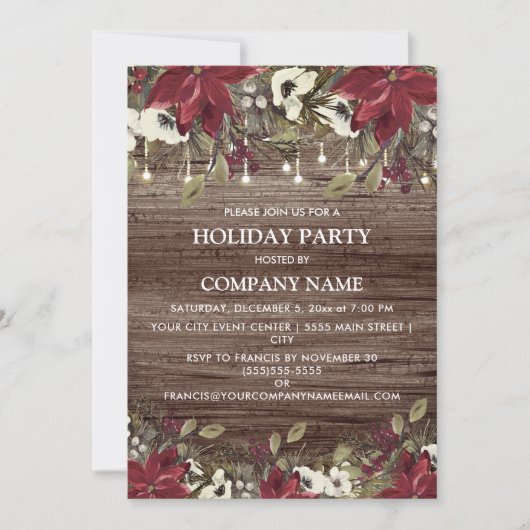 Gesellschaft Holiday Party Rustic Wood Red Poinset Einladung (Vorderseite)