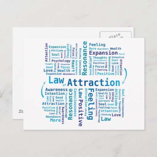 Gesetz zur Anziehung von Word Cloud in blauen Farb Postkarte (Vorne/Hinten)