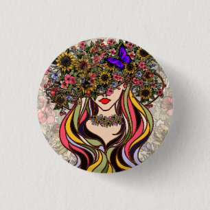 Gesicht einer Frau, mit Blumen und Schmetterlingen Button