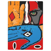 Gesicht und Hände im blauen und orange Klemmbrett (Rückseite)