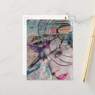 Gesicht-und-Kolibri-Abstrakt-Mixed-Media-Collage Postkarte