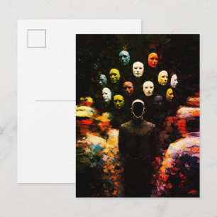 Gesichtslose Figur umgeben von maskierten Gesichte Postkarte