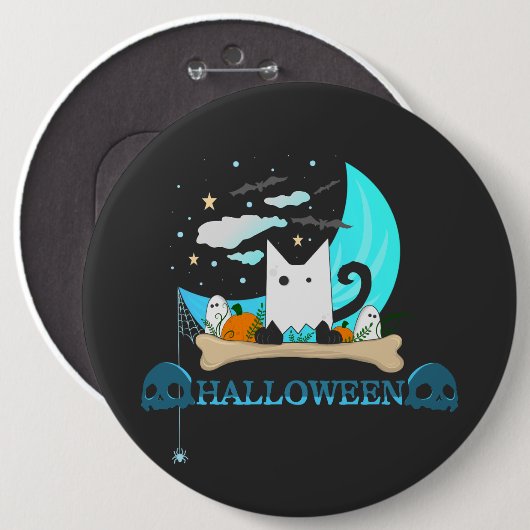 Gespielte Ghost Cat Haunts Halloween-Nacht Button (Vorne & Hinten)