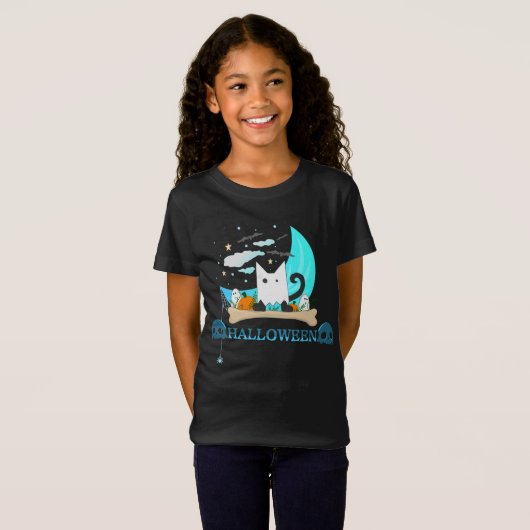 Gespielte Ghost Cat Haunts Halloween-Nacht T-Shirt (Vorne ganz)