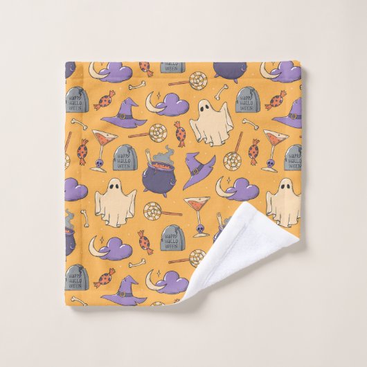 Gespielte Halloween-Geister und Hexen-Muster Badhandtuch Set (Waschlappen)