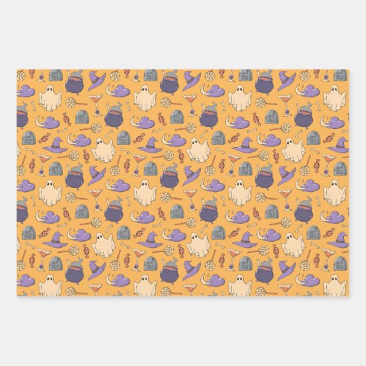 Gespielte Halloween-Geister und Hexen-Muster Geschenkpapier Set (Vorderseite)