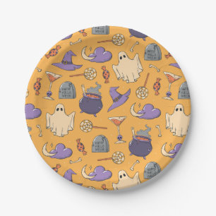 Gespielte Halloween-Geister und Hexen-Muster Pappteller
