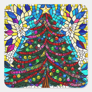 Gestalteter Weihnachtsbaum aus Glas mit Farbschmuc Quadratischer Aufkleber