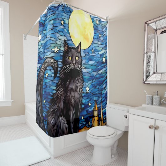 Gestaltetes Glas Black Cat Starry Night Duschvorhang (Beispiel)