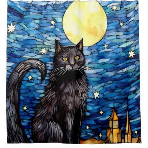 Gestaltetes Glas Black Cat Starry Night Duschvorhang