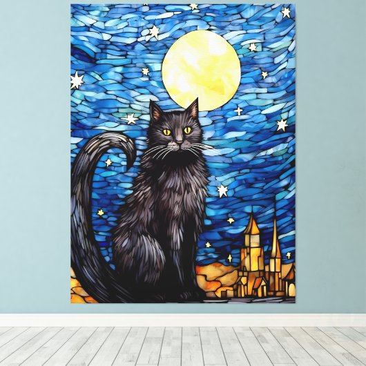 Gestaltetes Glas Black Cat Starry Night Leinwanddruck (Insitu (Holzboden))