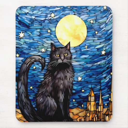 Gestaltetes Glas Black Cat Starry Night Mousepad (Vorne)