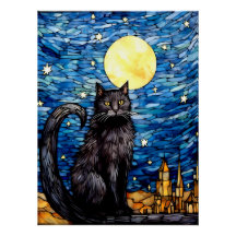 Gestaltetes Glas Black Cat Starry Night