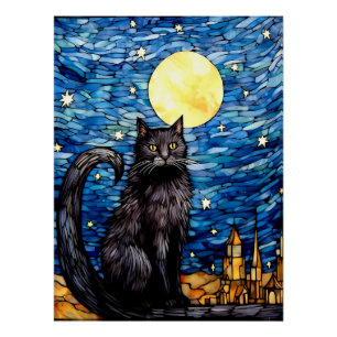 Gestaltetes Glas Black Cat Starry Night Poster