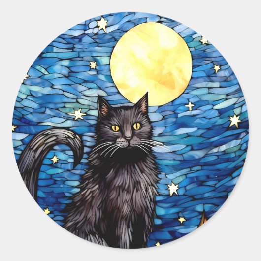 Gestaltetes Glas Black Cat Starry Night Runder Aufkleber (Vorderseite)