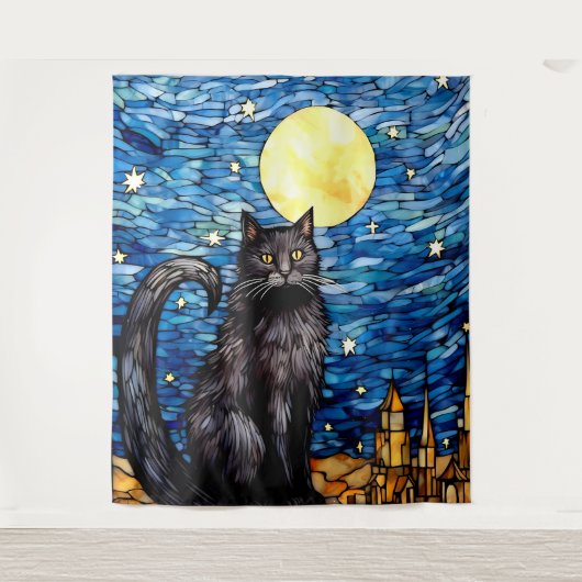 Gestaltetes Glas Black Cat Starry Night Wandteppich (Vorderseite)