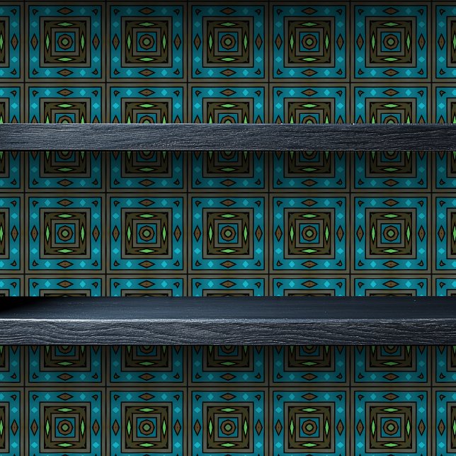 Gestaltetes Glas Geometric Dark Türkis Small Print Tapete (Stained Glass Geometric Dark Turquoise Small Print Wallpaper on a shelf)