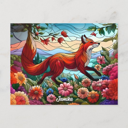 Gestaltetes Glas Look Red Fox und Blume Postkarte (Vorderseite)