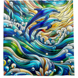 "Gestaltetes Glass Dolphin Delight" Duschvorhang