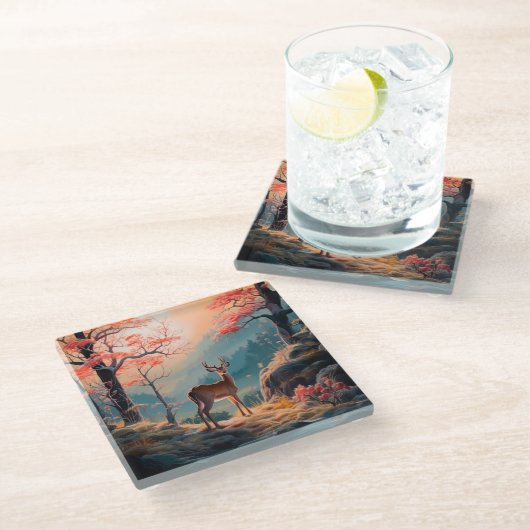 Gestaltung der Hirschwaldszene im Herbst Glasuntersetzer (Schrägansicht)