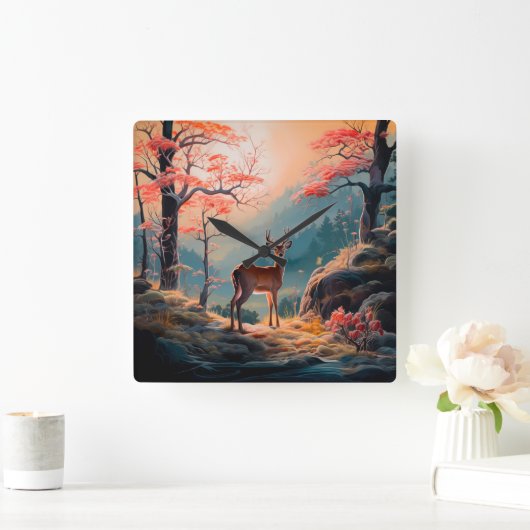 Gestaltung der Hirschwaldszene im Herbst Quadratische Wanduhr (Zuhause)