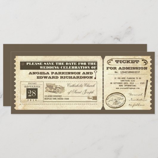 Gestaltung Save the Date Vintager Tickets (Vorne/Hinten)