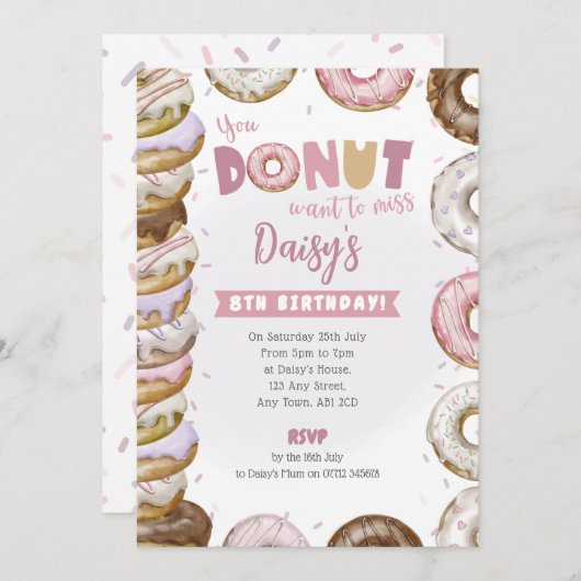 Gestapelte Donuts Einladung Pink und Lila (Vorne/Hinten)