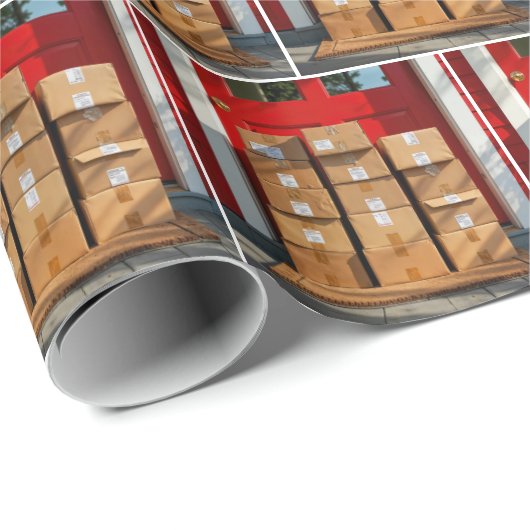 Gestapelte Kartonboxen durch eine rote Tür Geschenkpapier (Rolleneckpunkt)