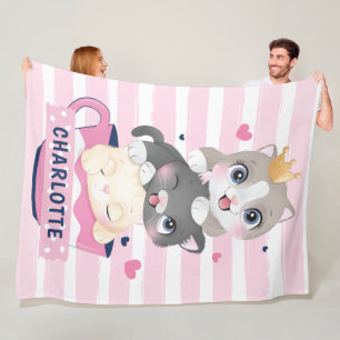 Gestapelte Niedliche Cartoon Katzen Rosa Streifen Fleecedecke