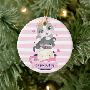 Gestapelte Niedliche Cartoon Katzen Rosa Streifen Keramik Ornament