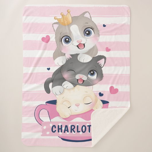 Gestapelte Niedliche Cartoon Katzen Rosa Streifen Sherpadecke (Vorderseite)