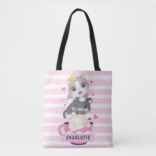 Gestapelte Niedliche Cartoon Katzen Rosa Streifen Tasche (Vorderseite)