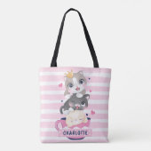 Gestapelte Niedliche Cartoon Katzen Rosa Streifen Tasche (Rückseite)