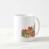 Gestapelte Weihnachtsgeschenke mit Baum als Feiert Kaffeetasse (VorderseiteRechts)