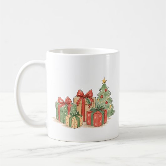 Gestapelte Weihnachtsgeschenke mit Baum als Feiert Kaffeetasse (Links)