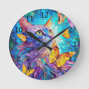 Gesteinigte Glaskatze 730 blaue gelbe Schmetterlin Runde Wanduhr