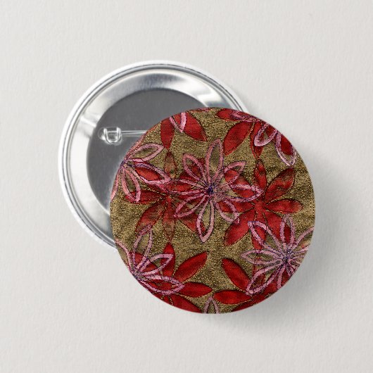Gesteppte Blumen - Hand geschnitzter Block - rotes Button (Vorne & Hinten)