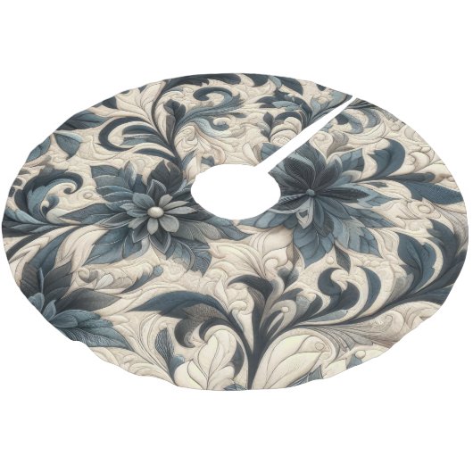 gesteppte Creme und blaue Blütenmuster Polyester Weihnachtsbaumdecke (Schrägansicht)