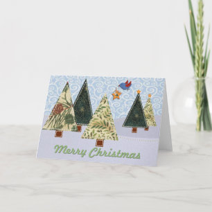 Gesteppte Weihnachtsbäume und Blaue Vogel Feiertag Feiertagskarte