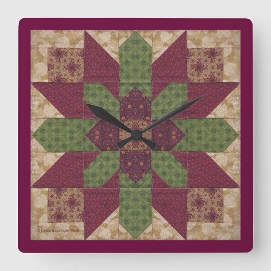 Gesteppter grüner Burgunder-Stern Quadratische Wanduhr (Vorderseite)