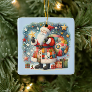 Gesteppter Patchwork-Weihnachtsmann mit Weihnachts Keramikornament