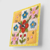 Gestickte Blumen-Patchwork-Quilt Quadratische Wanduhr (Winkel)