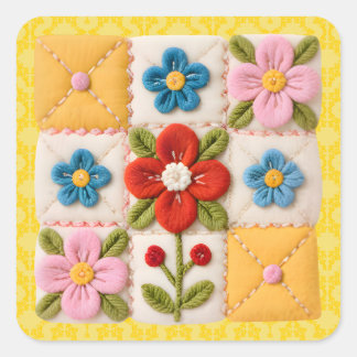 Gestickte Blumen-Patchwork-Quilt Quadratischer Aufkleber