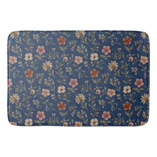 Gestickte einfache Wildblumen auf Jeanshintergrund Badematte (Vorderseite)