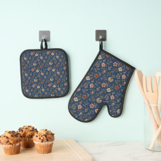 Gestickte einfache Wildblumen auf Jeanshintergrund Ofenhandschuh & Topflappen-Set