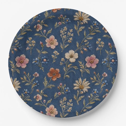 Gestickte einfache Wildblumen auf Jeanshintergrund Pappteller (Vorderseite)